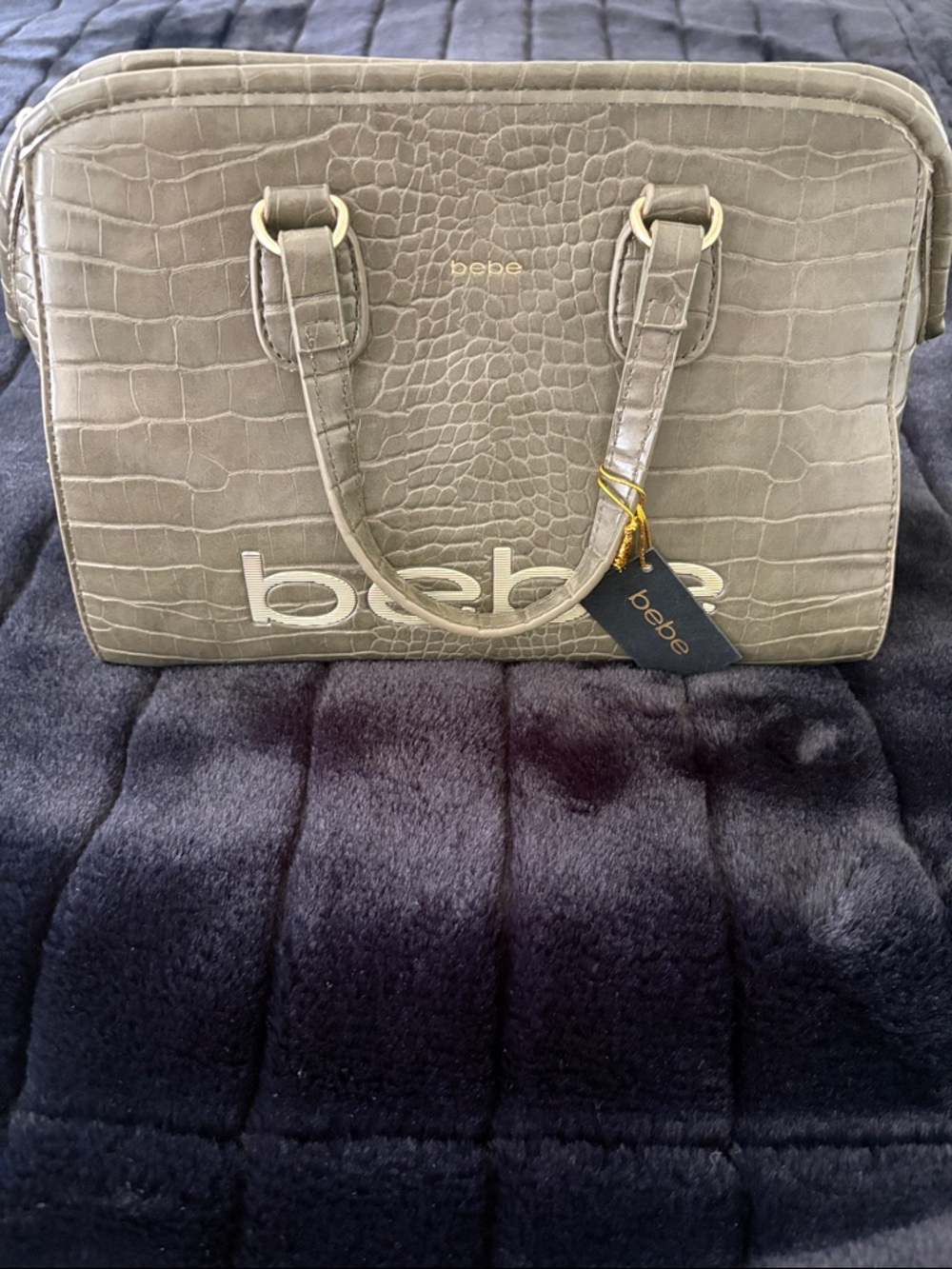 bebe Taupe Croc-Embossed Satchel with Gold Hardware and Crossbody Strap